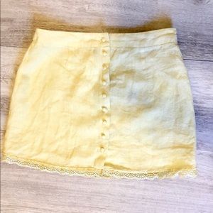 Yellow Button Down Skirt, Lace Hem, A-Line, Cotton